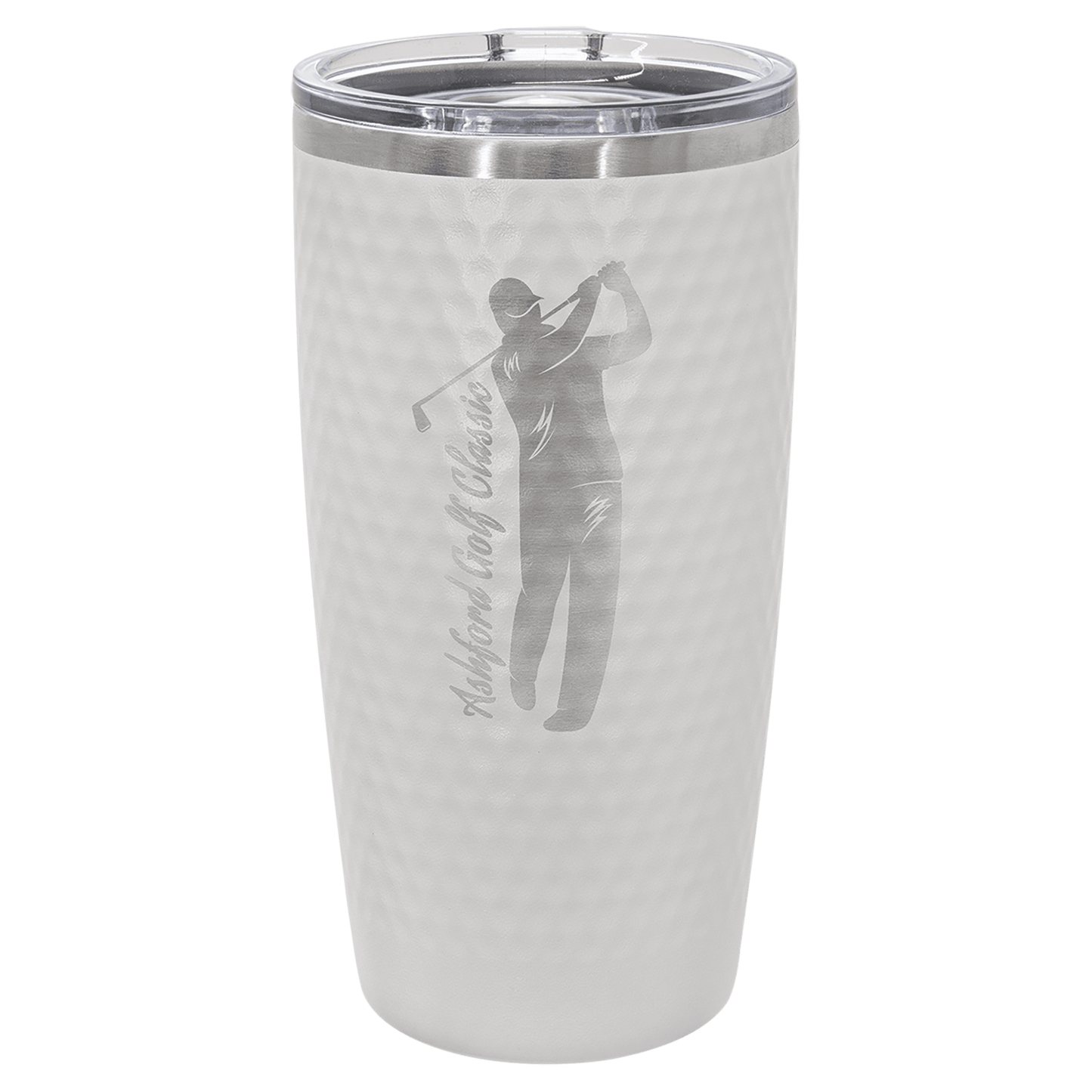 White 20 oz dimpled stainless steel golf tumbler with slider lid