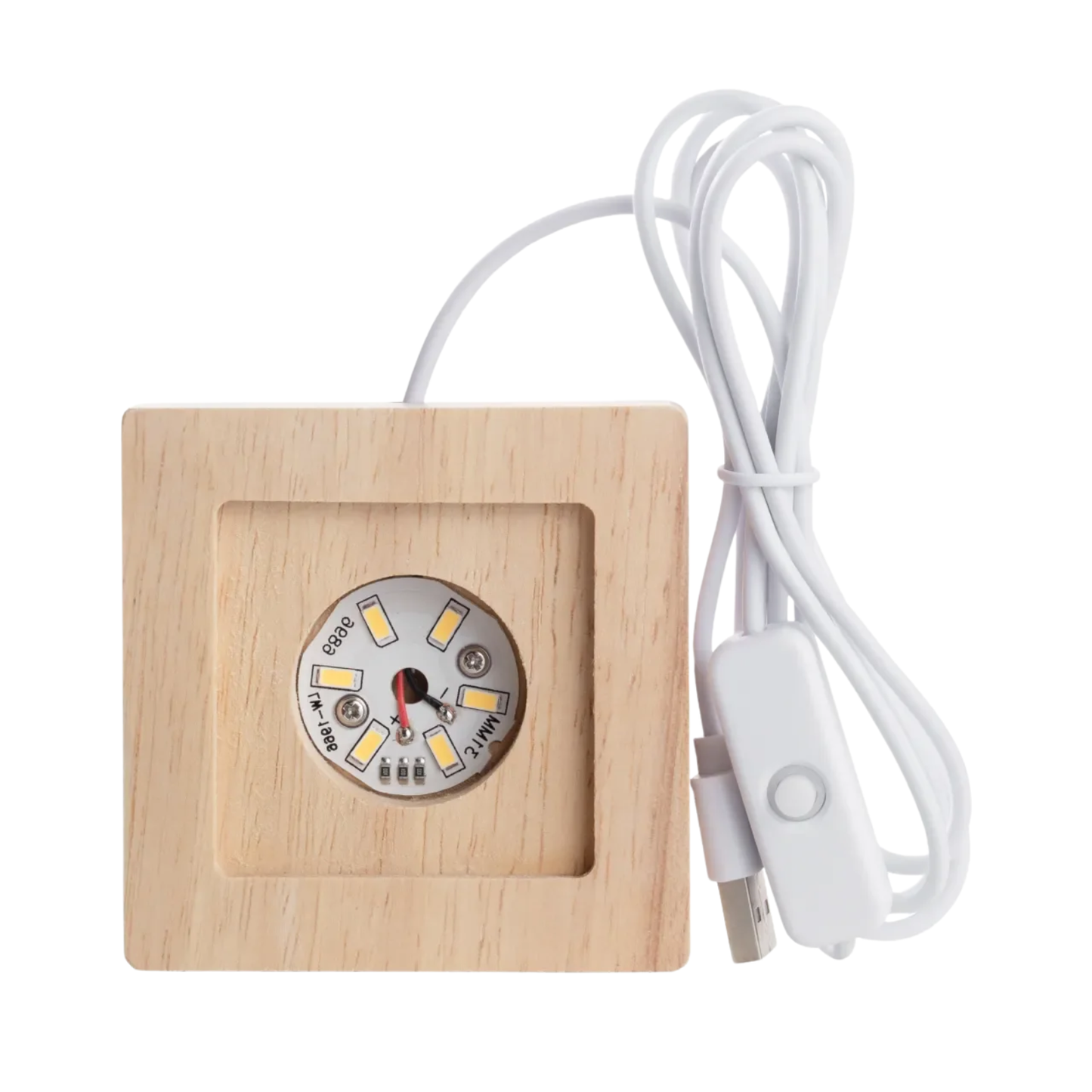 Wooden base with a circular LED panel and USB cable on a white background