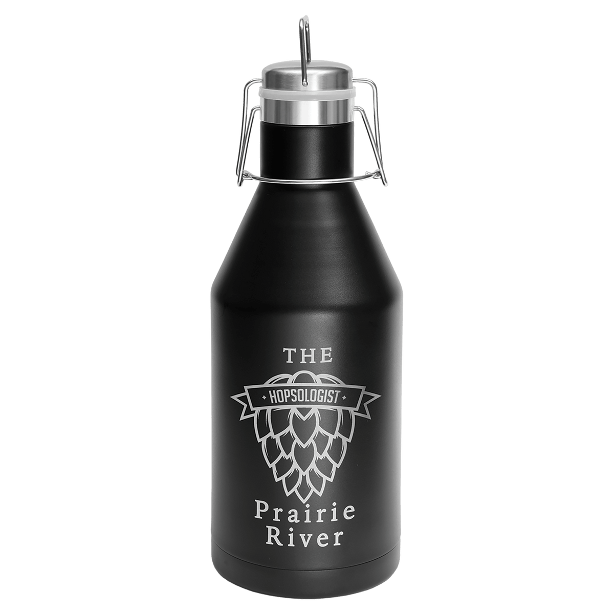 Personalized 64 oz black powder coated insulated growler with swing-top lid