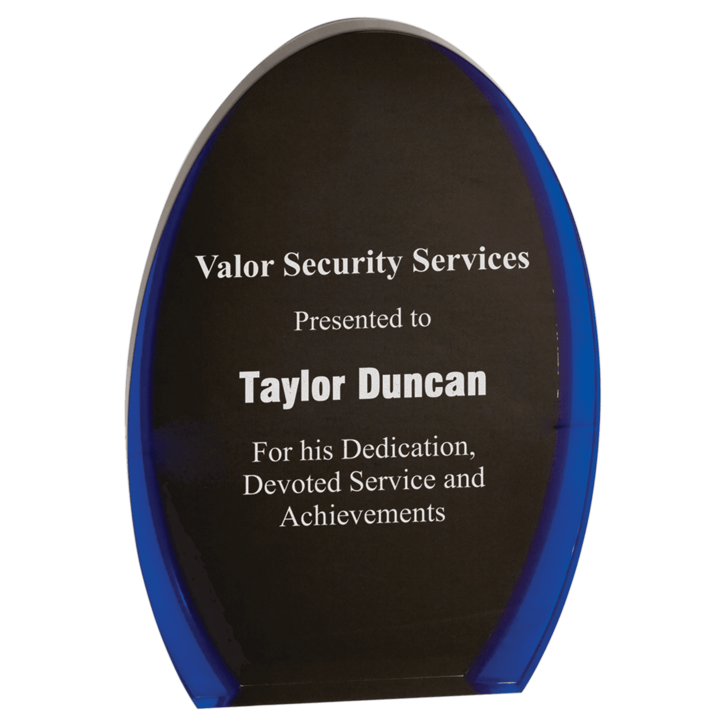 Black & Blue Luminary Oval Acrylic award, 8", self-standing acrylic with clear engraving area