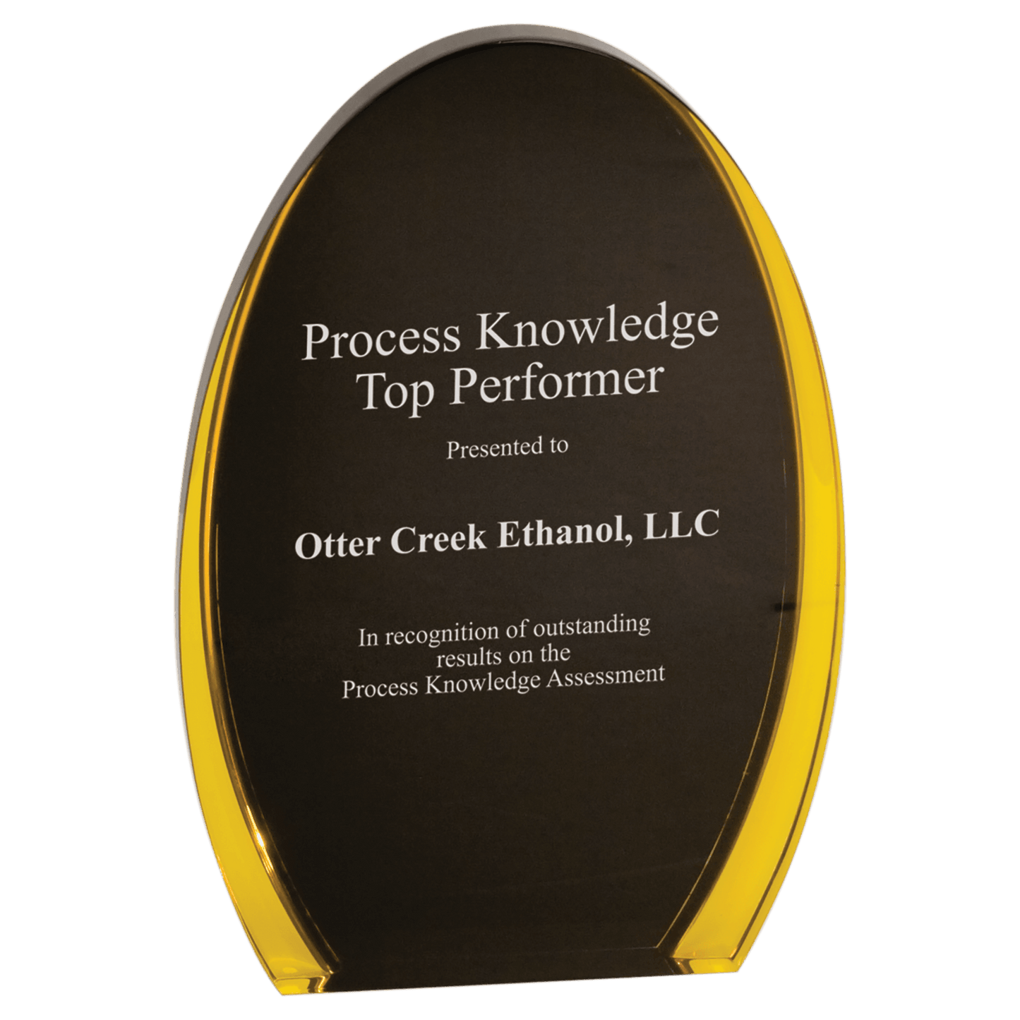Black & Gold Luminary Oval Acrylic award, 8", self-standing acrylic with clear engraving area