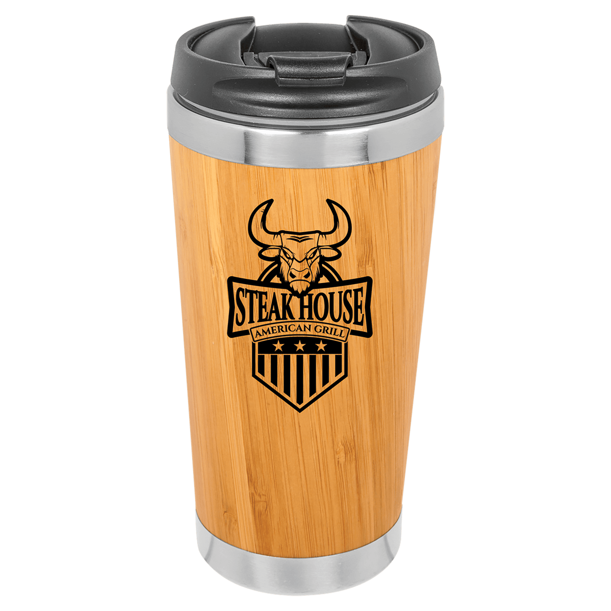 Personalized 15 oz bamboo and stainless steel tumbler with flip-top lid