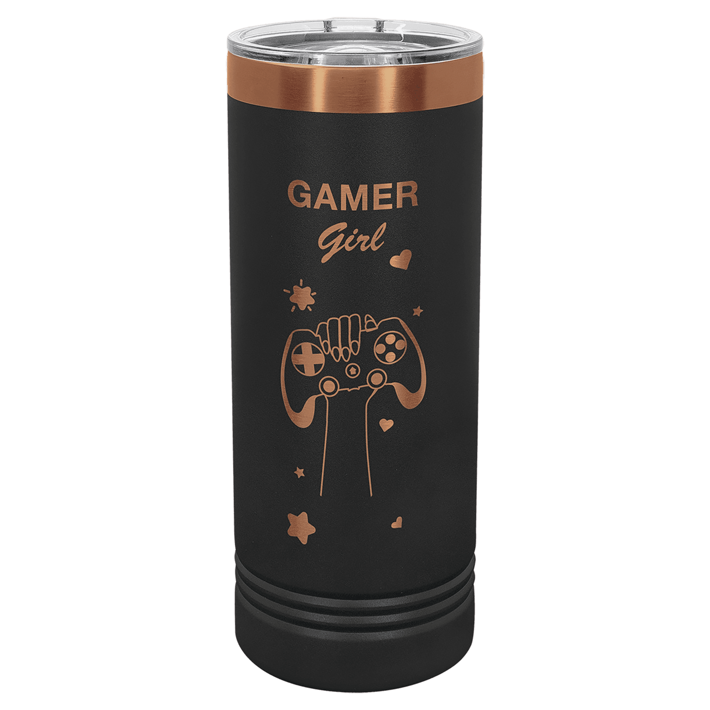 black rosegold skinny tumbler with logo