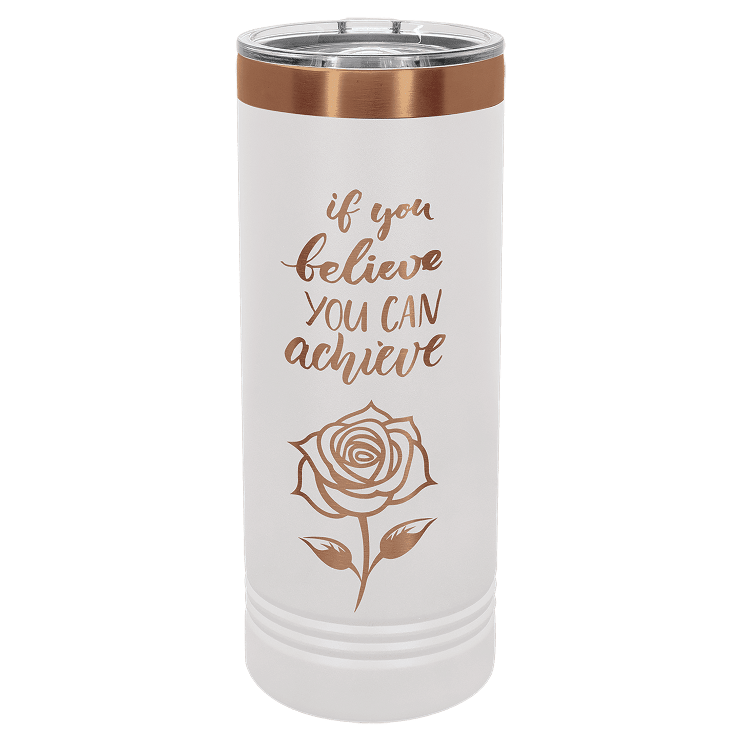 white rosegold skinny tumbler with logo