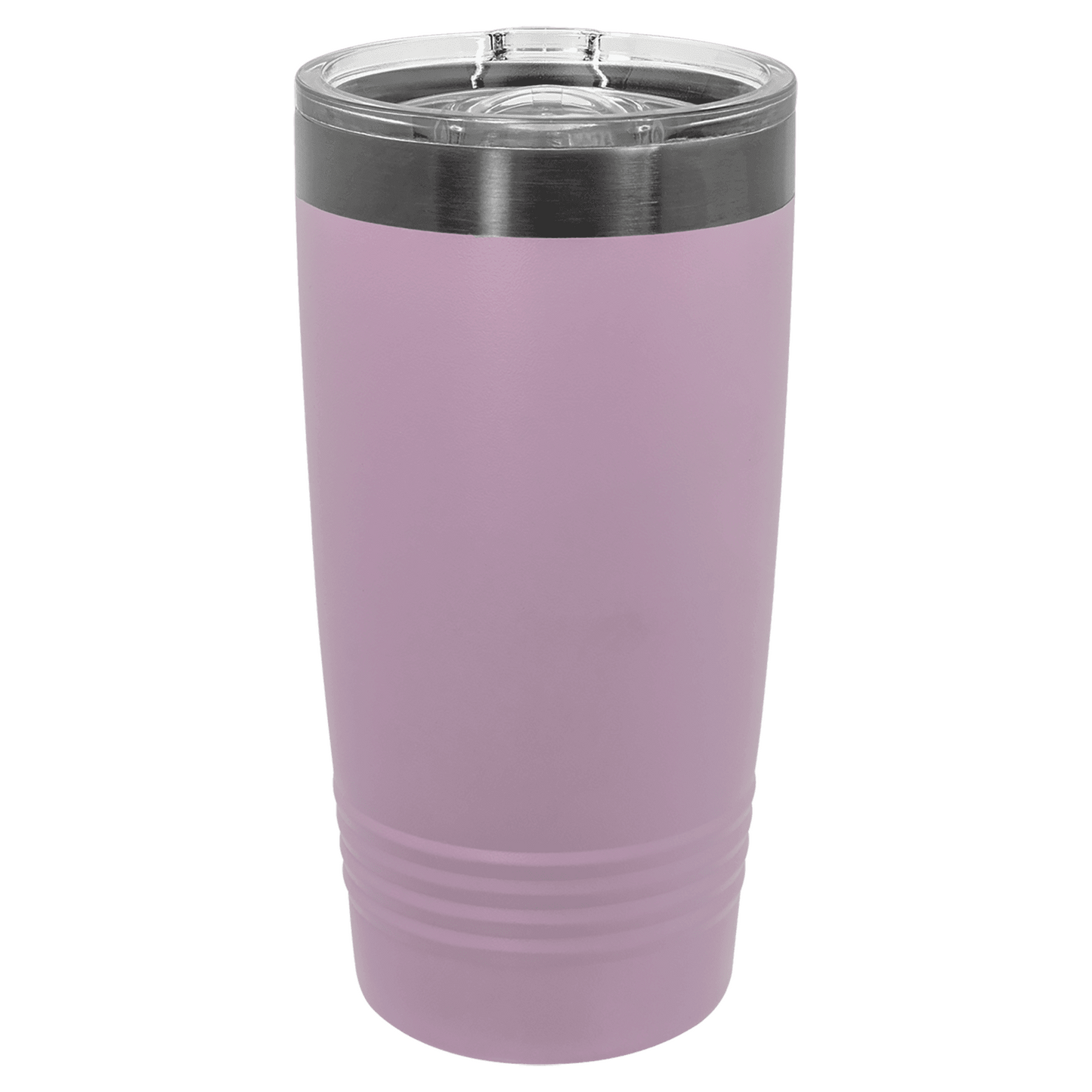 Purple tumbler with a black rim on a white background