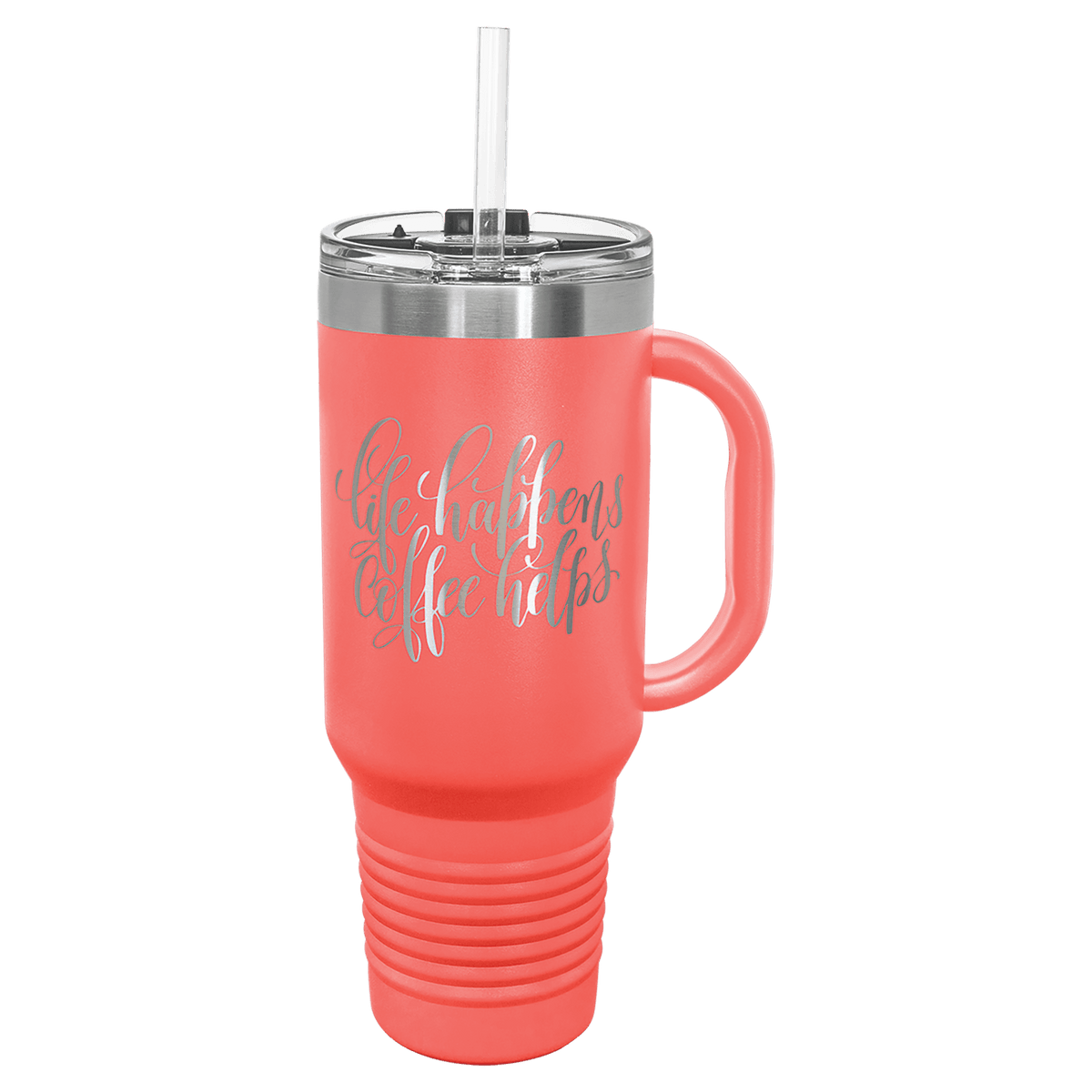 Personalized 40 oz insulated travel mug with handle and straw in coral