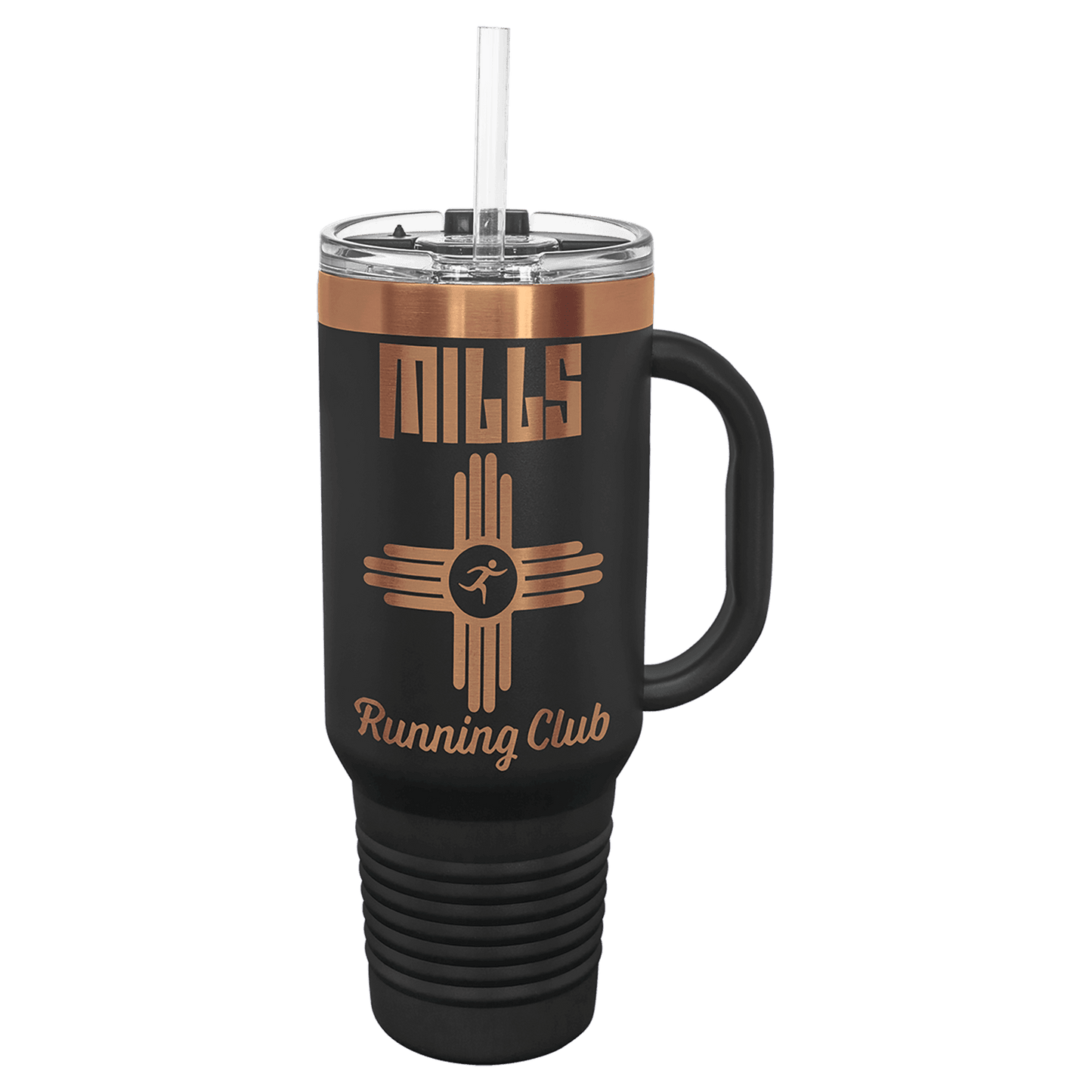 40oz tumbler black rose gold with example logo with straw