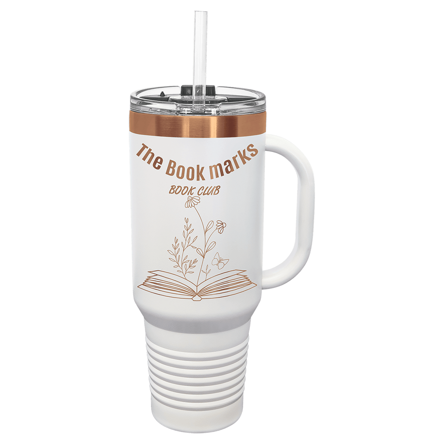 White rosegold 40 ounce tumbler with straw and logo