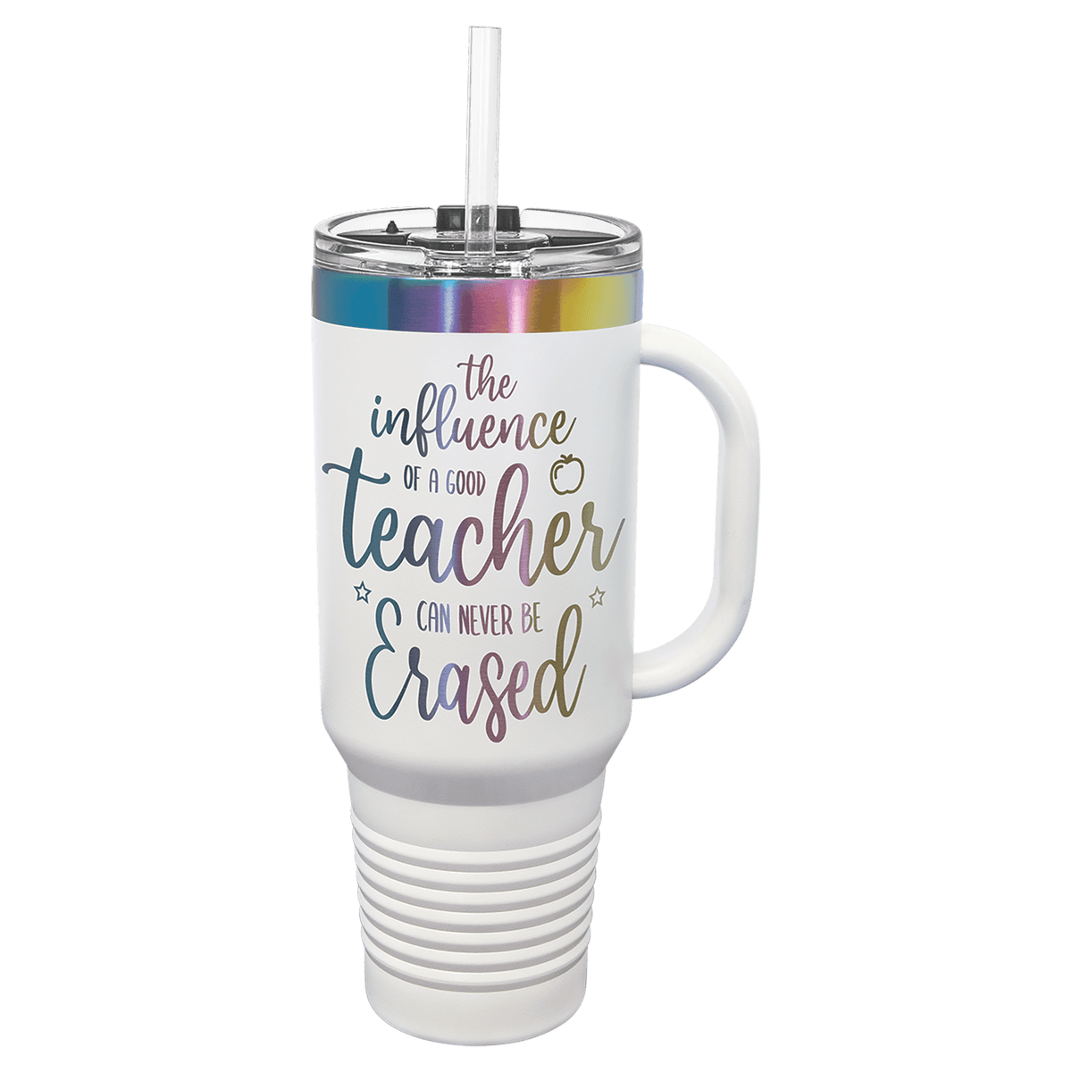 Personalized 40 oz. travel mug in white with prism iridescent engraving