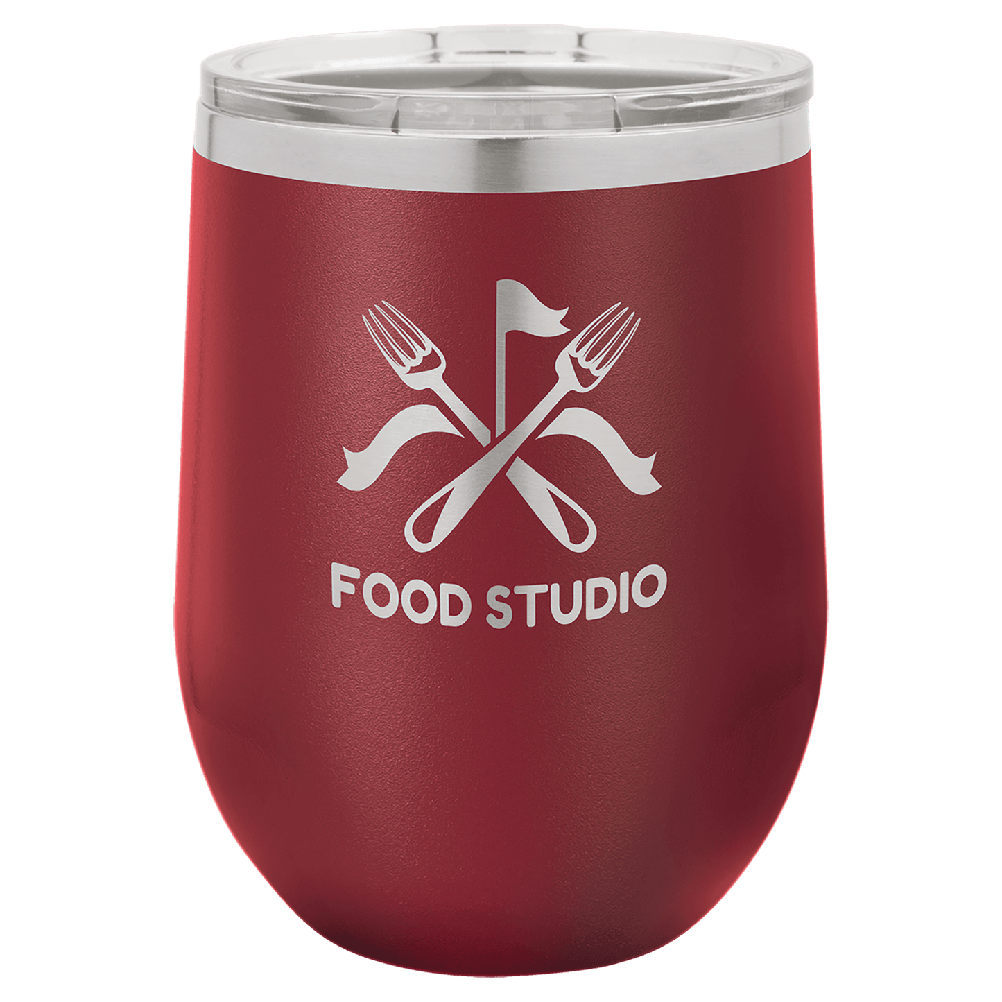 Maroon insulated tumbler with 'Food Studio' logo on a white background