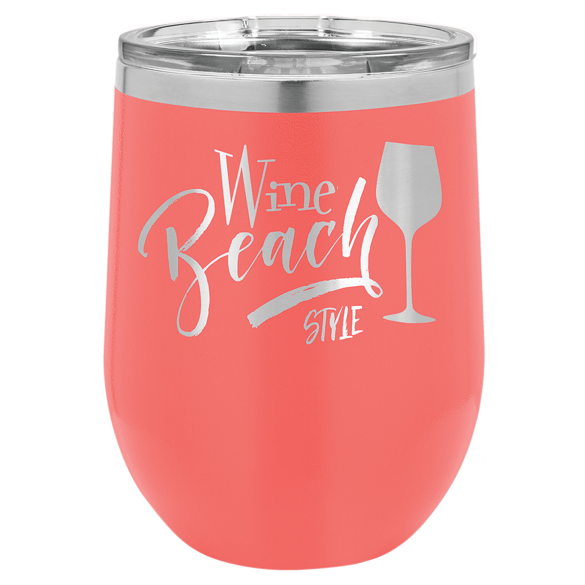 Coral wine tumbler with 'Wine Beach Style' text and a wine glass icon on a white background