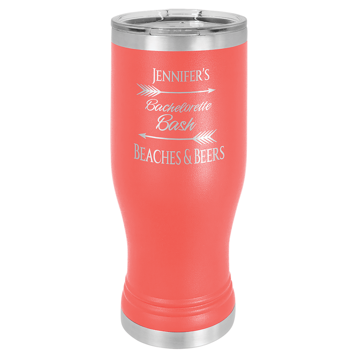 Personalized 20 oz insulated pilsner tumbler in coral