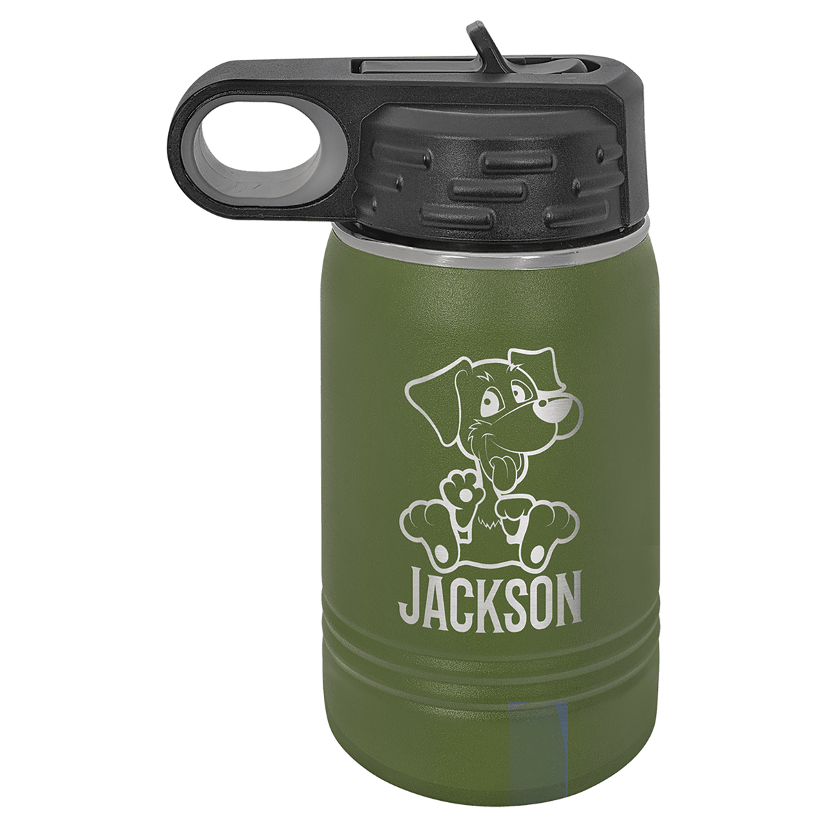 Personalized 12 oz insulated kids water bottle in olive green