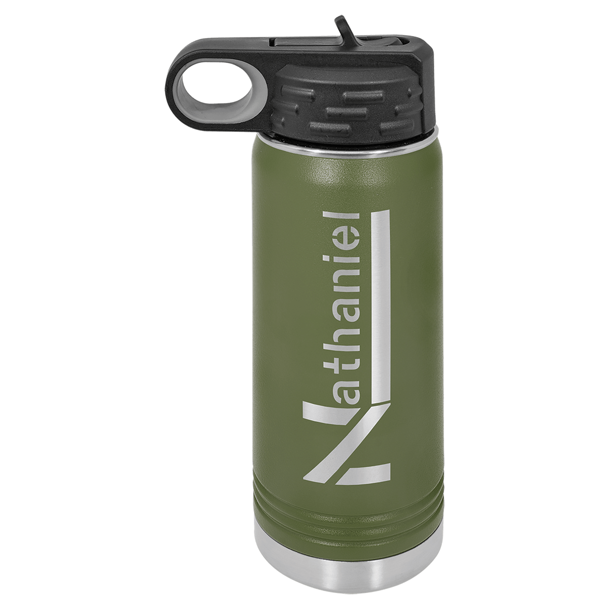 Personalized 20 oz olive green powder coated insulated water bottle with flip-top straw lid