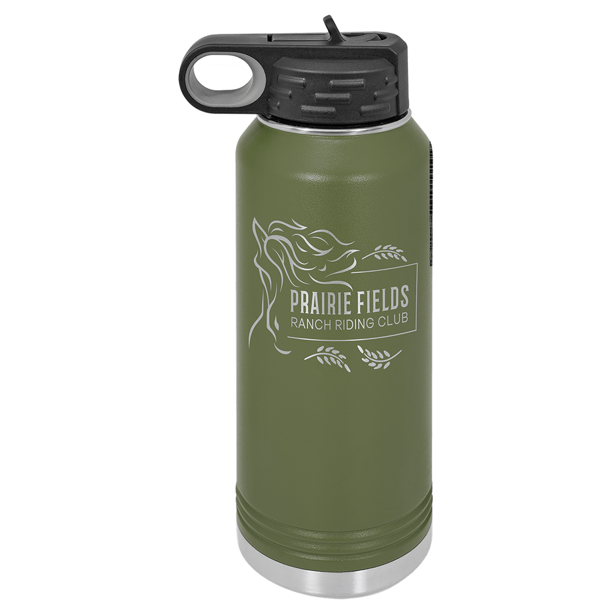 Personalized 32 oz olive green powder coated insulated water bottle with flip-top straw lid