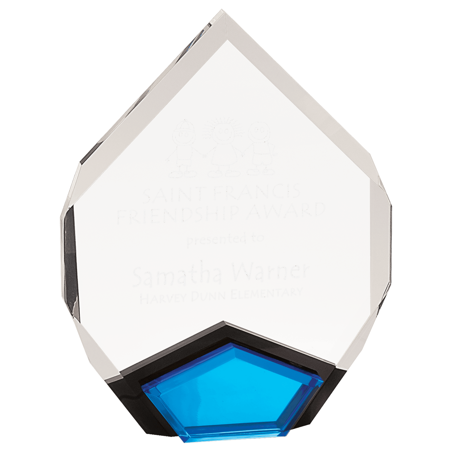 Blue Marquis Acrylic award, 7" x 9", self-standing acrylic with clear engraving area