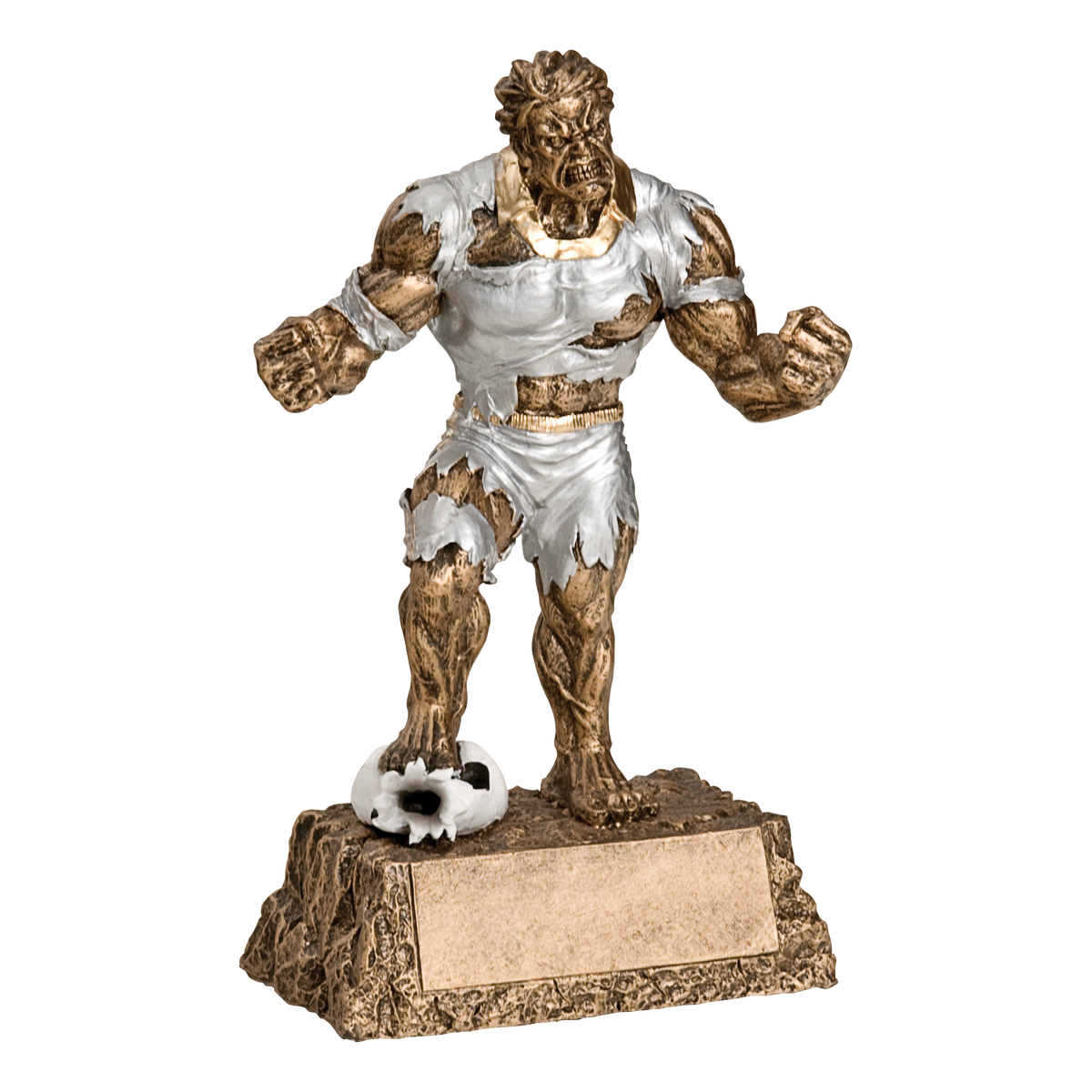 Hand-painted gold and silver resin trophy of a muscular monster in a torn soccer kit with a soccer ball, on a textured base with a blank engraving plate