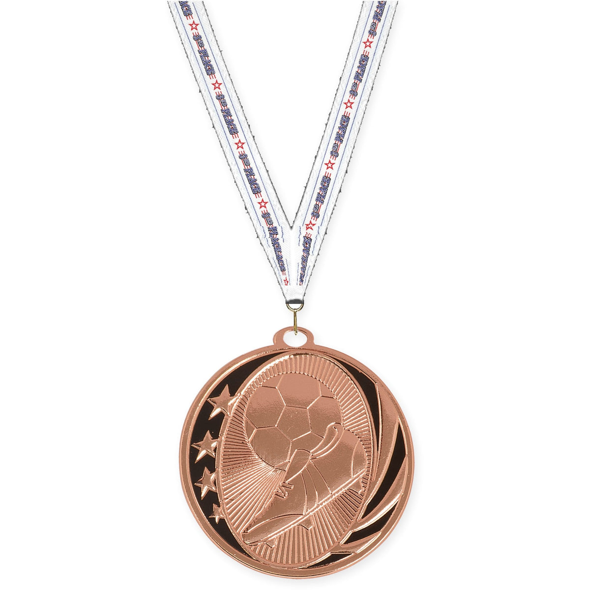 2 inch soccer MidNite Star medal in bright bronze with 3rd Place neck ribbon