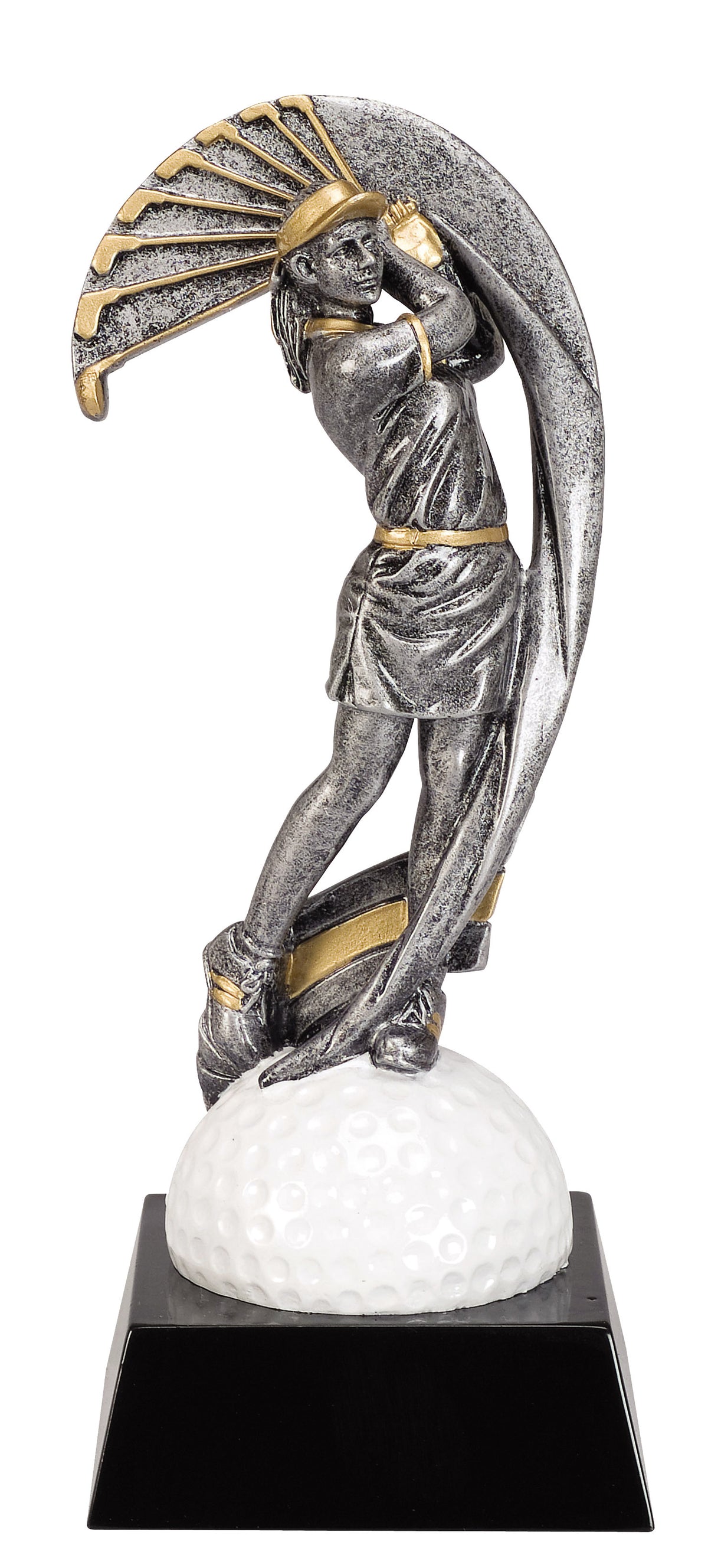 Female golfer resin trophy in motion