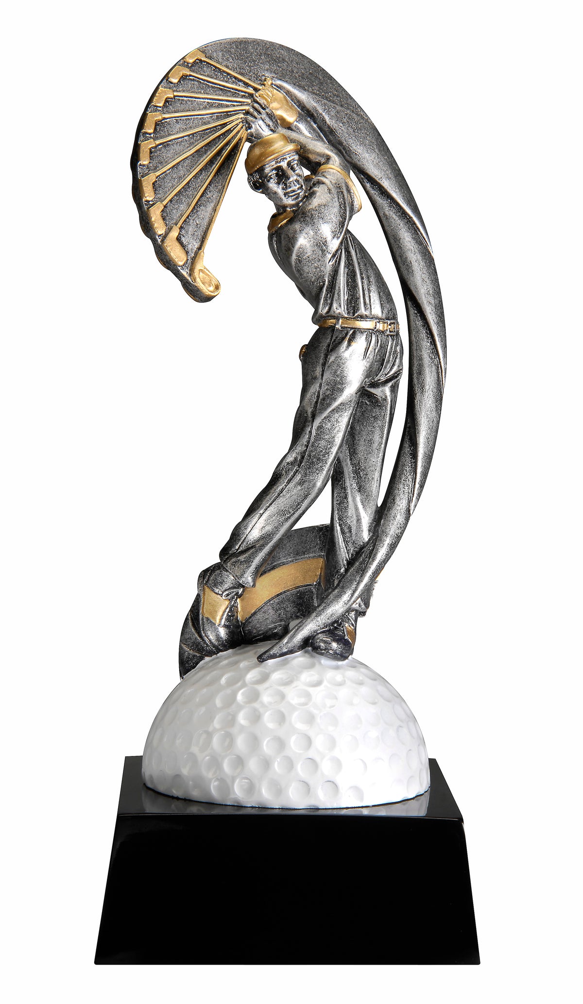 Male golfer resin trophy in motion, 10" size