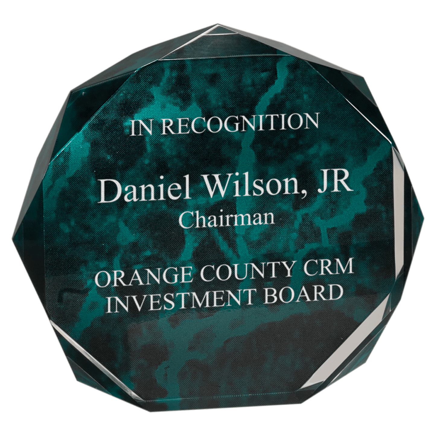 Green Marble Octagon Acrylic award, 7", self-standing acrylic with clear engraving area
