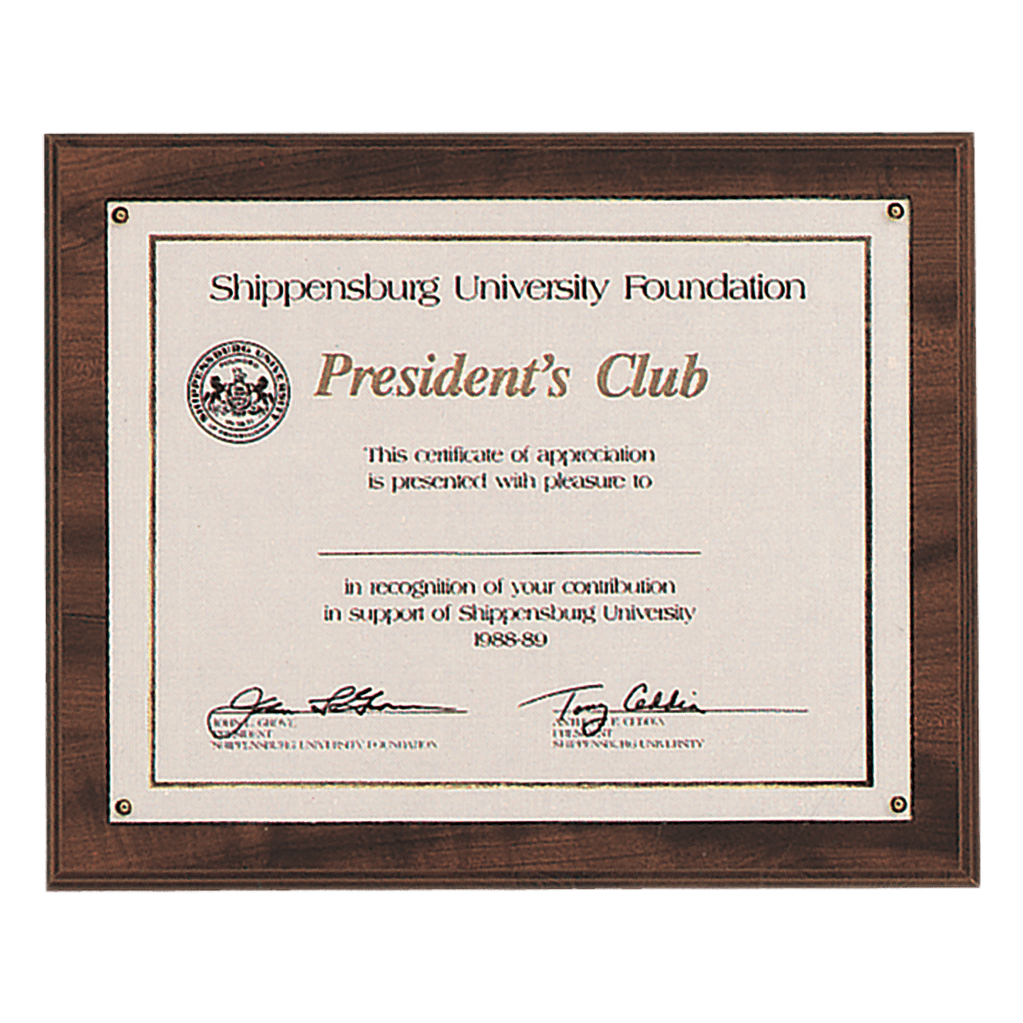 Walnut finish 10.5 by 13 inch certificate plaque with clear plexiglass cover displaying an 8.5 by 11 inch certificate