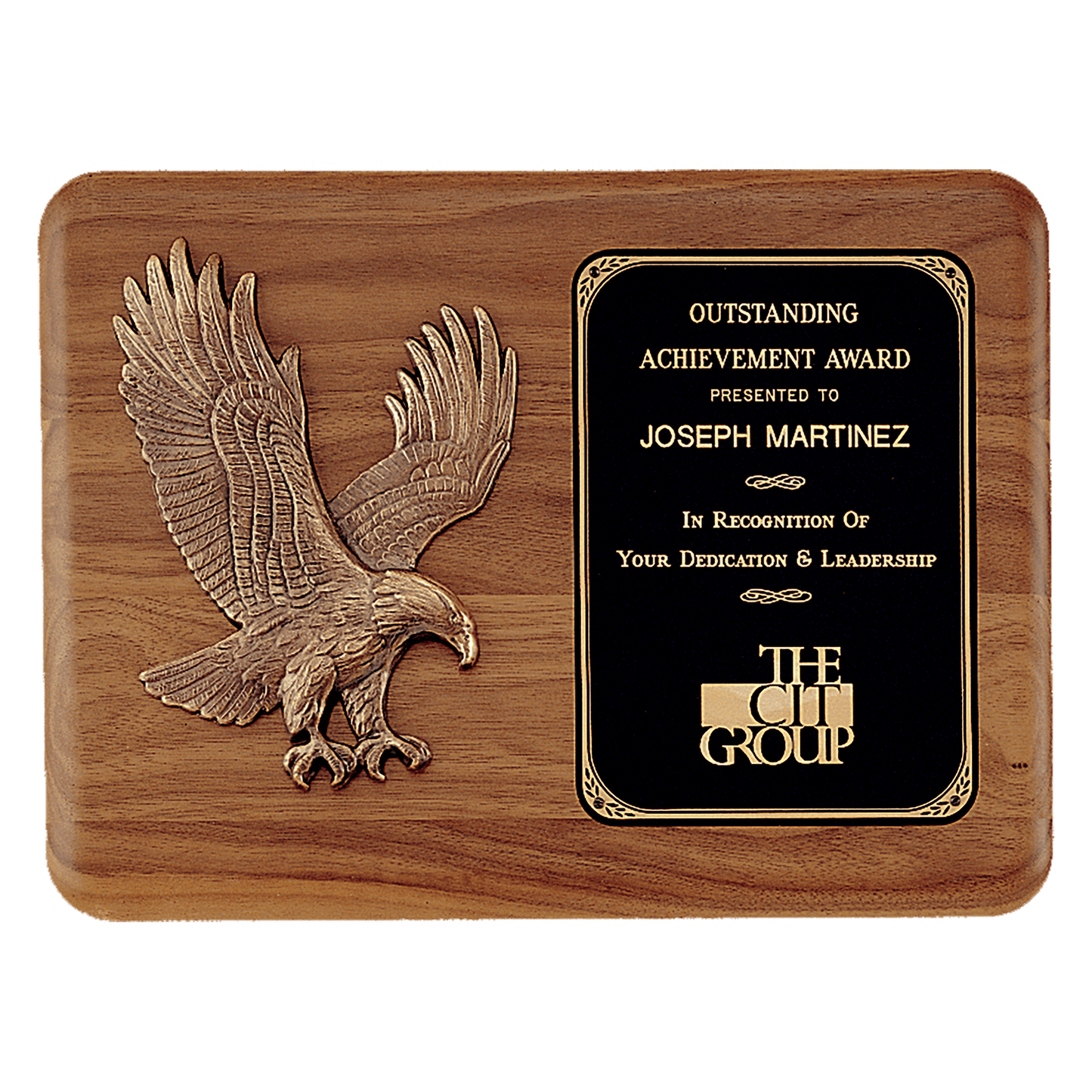 Solid American walnut 11 by 15 inch eagle plaque with sculptured antique bronze eagle casting and black brass engraving plate