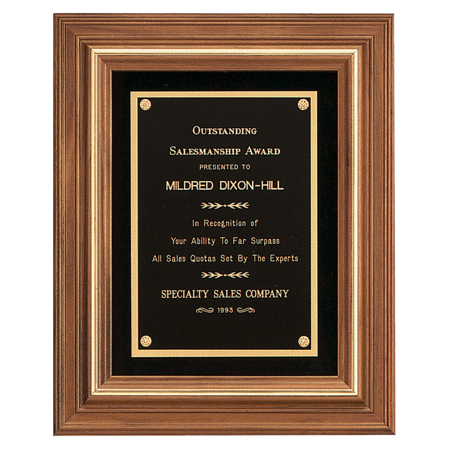 American walnut framed award plaque with gold trim, black velour background, and black engravable brass plate, 12 by 14 inches