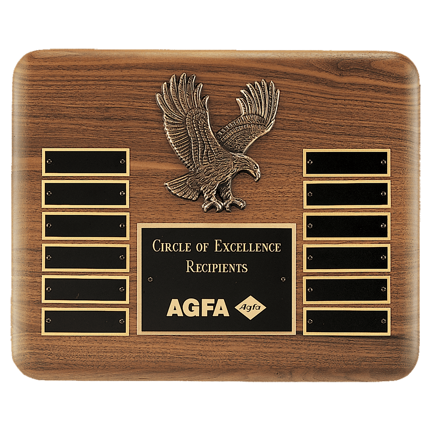 Solid American walnut 10.5 by 13 inch perpetual eagle plaque with antique bronze eagle casting, black LaserFX header, and twelve brass perpetual plates