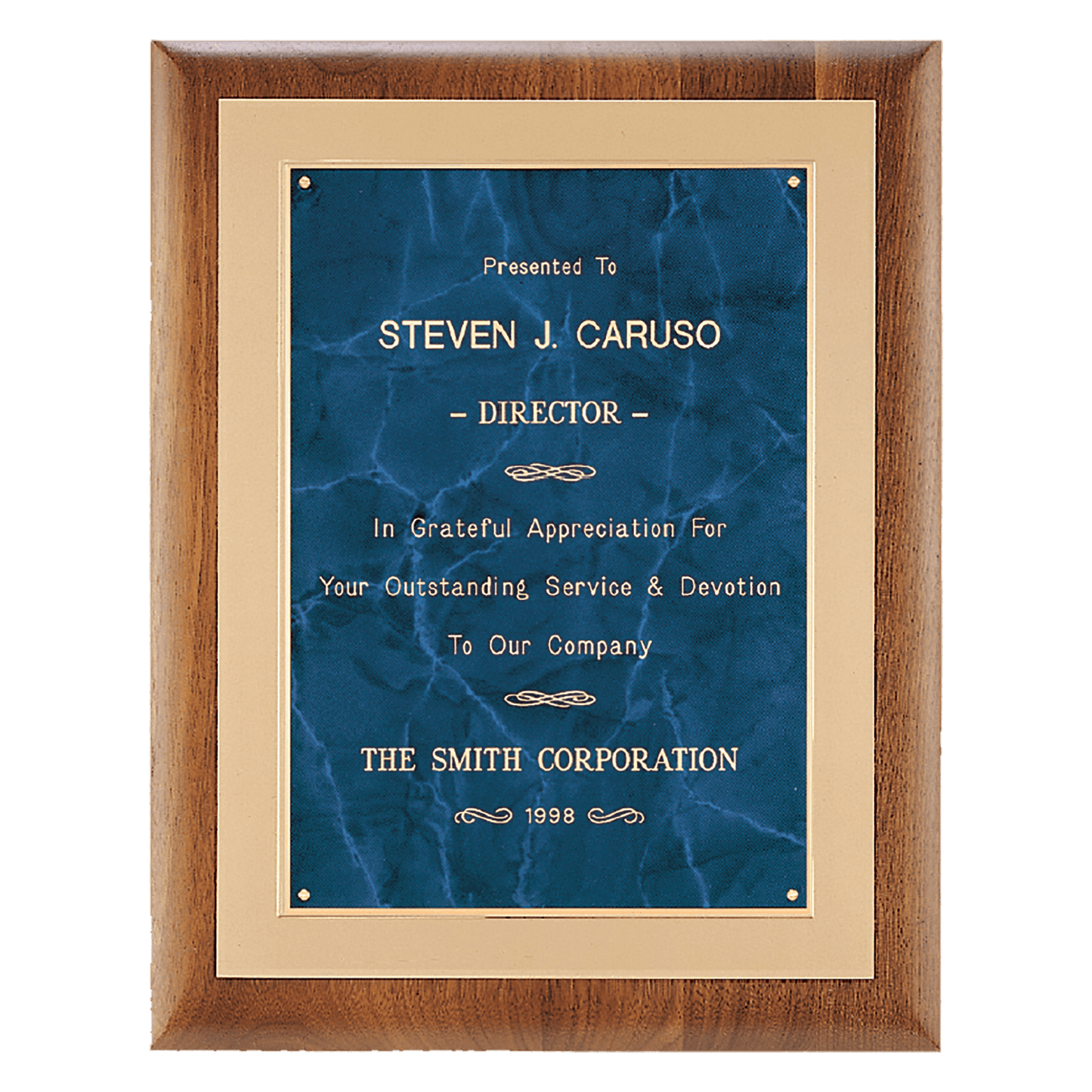 Airflyte walnut frame with brushed gold metal background and sapphire marble engravable plate, 11 by 14 inches