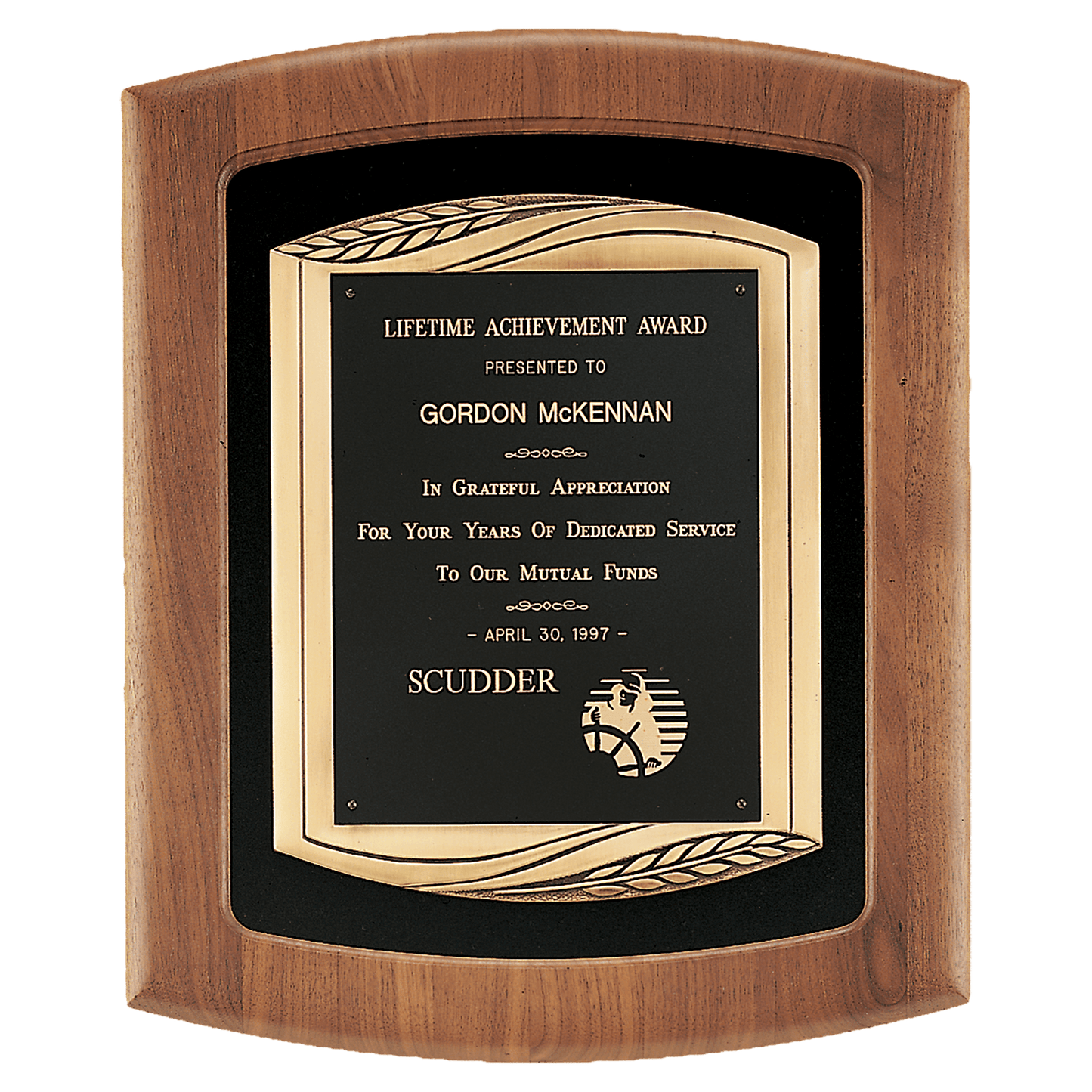 American walnut framed plaque with black velour background, antique bronze cast frame, and black engravable brass plate, 14 by 17 inches