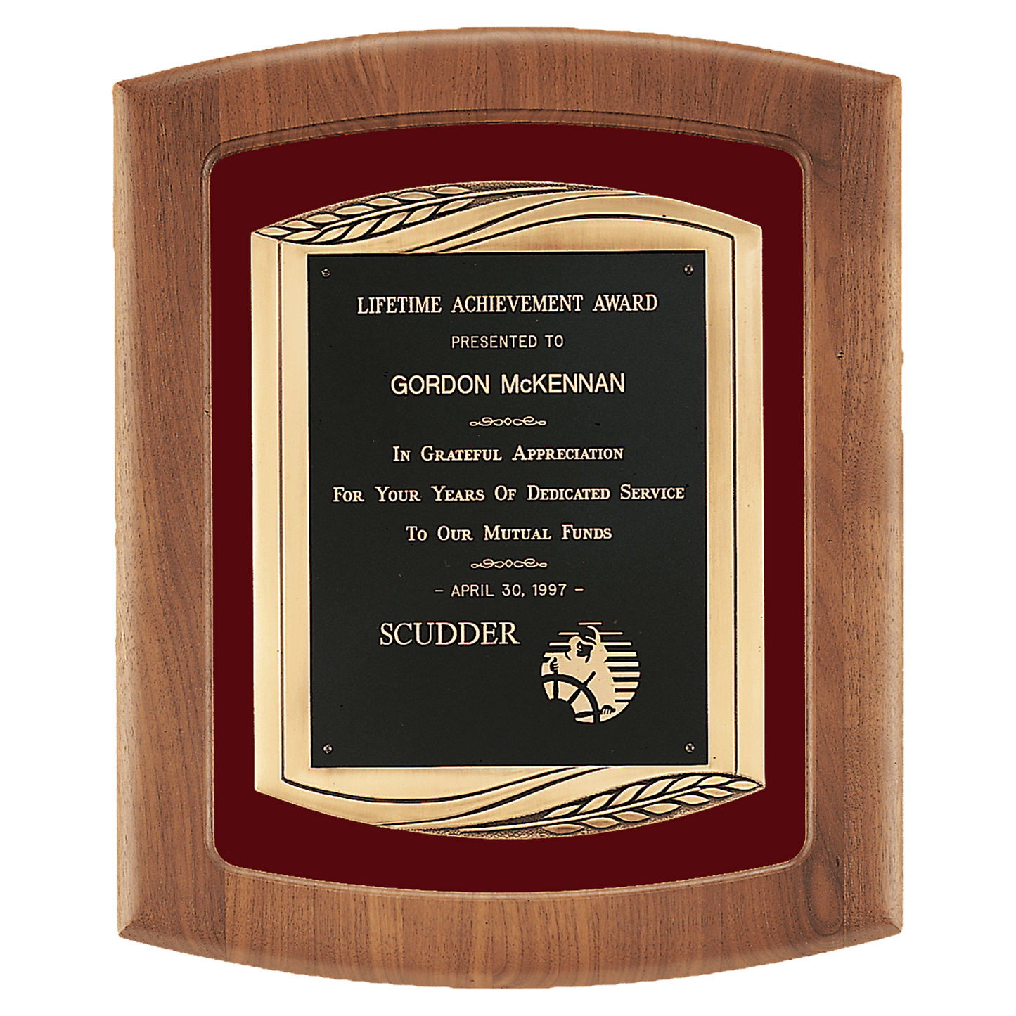 American walnut framed plaque with maroon velour background, antique bronze cast frame, and black engravable brass plate, 14 by 17 inches