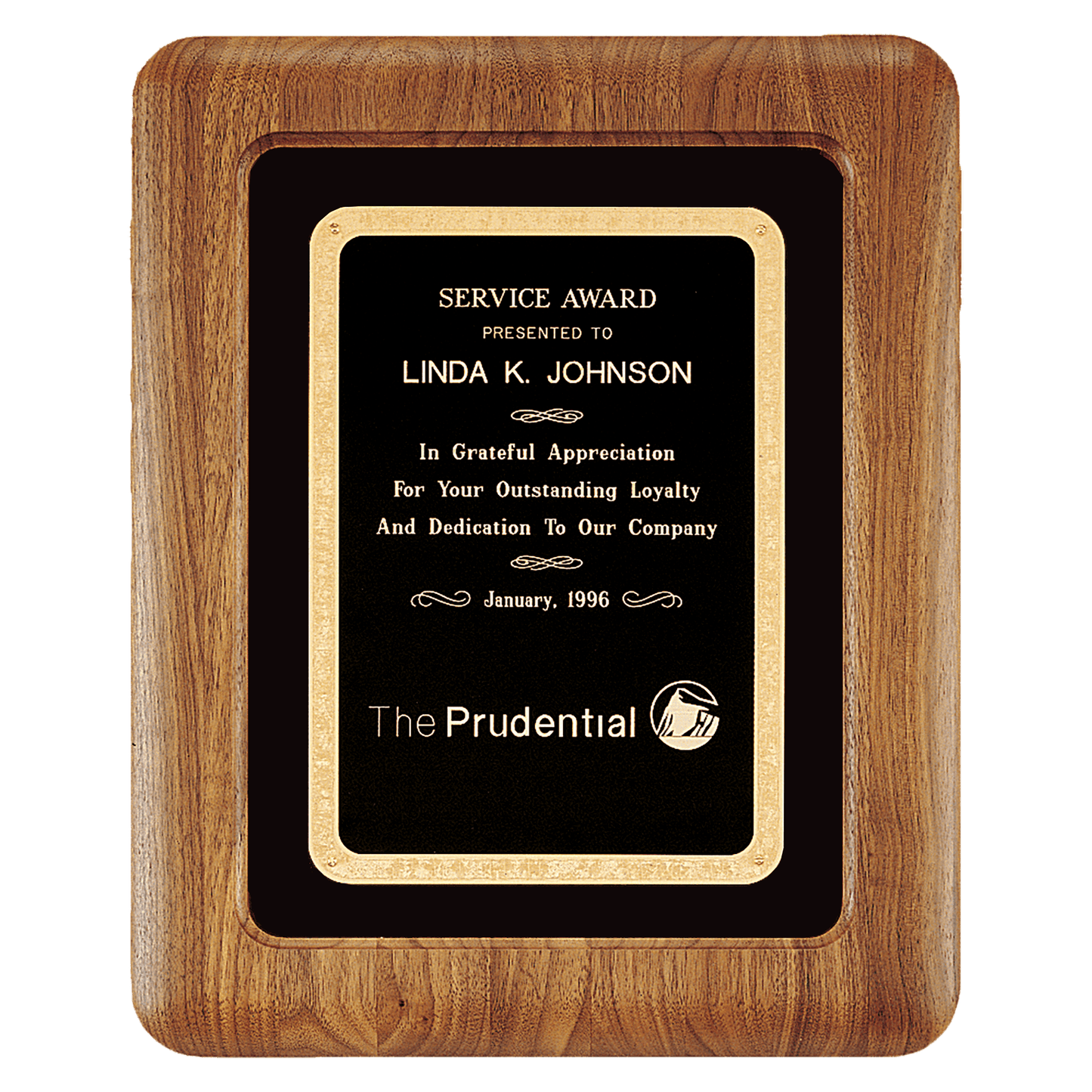 American walnut Airflyte framed plaque with black velour background and black Florentine engravable plate, 12 by 15 inches