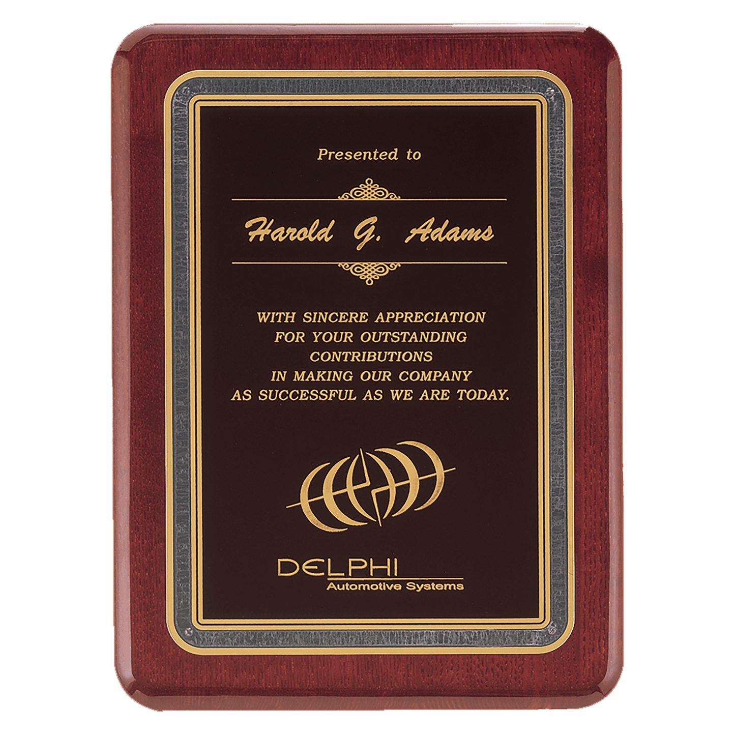 Florentine Rosewood Piano-Finish Plaque - Black/Gold - laser-engraved award plaque