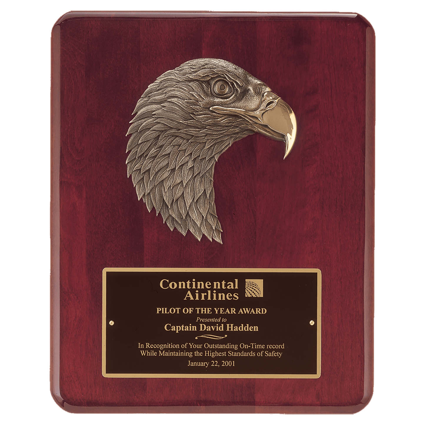 Rosewood piano finish eagle plaque with detailed bronze eagle head casting and black brass engraving plate, 10.5 by 13 inches