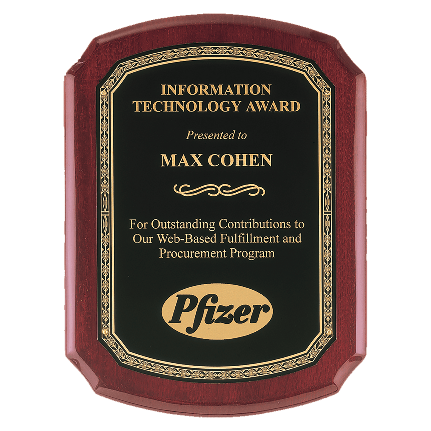 Rosewood Piano Finish Plaque with Florentine Gold Border, 8" x 10" Airflyte
