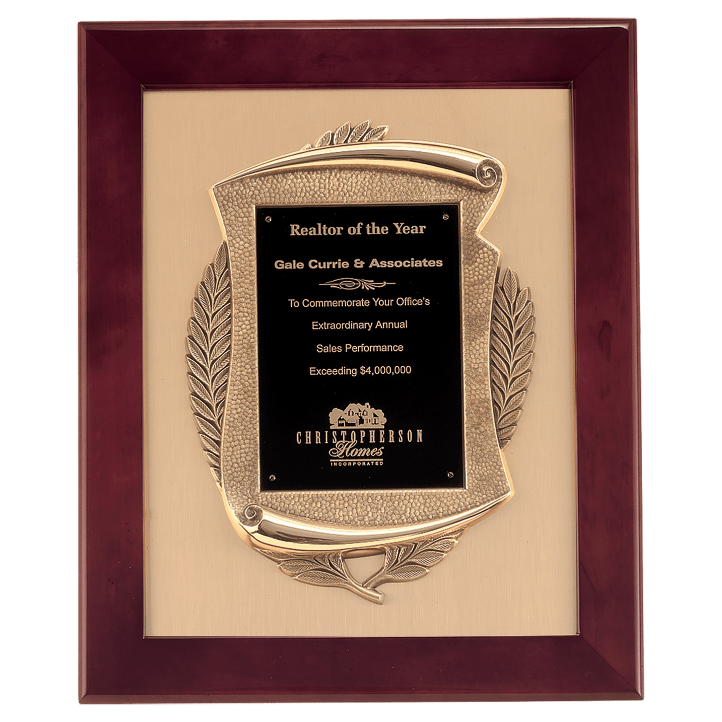 Rosewood piano finish frame with antique bronze casting and black engravable plate on brushed gold metal background, 14 by 17 inches
