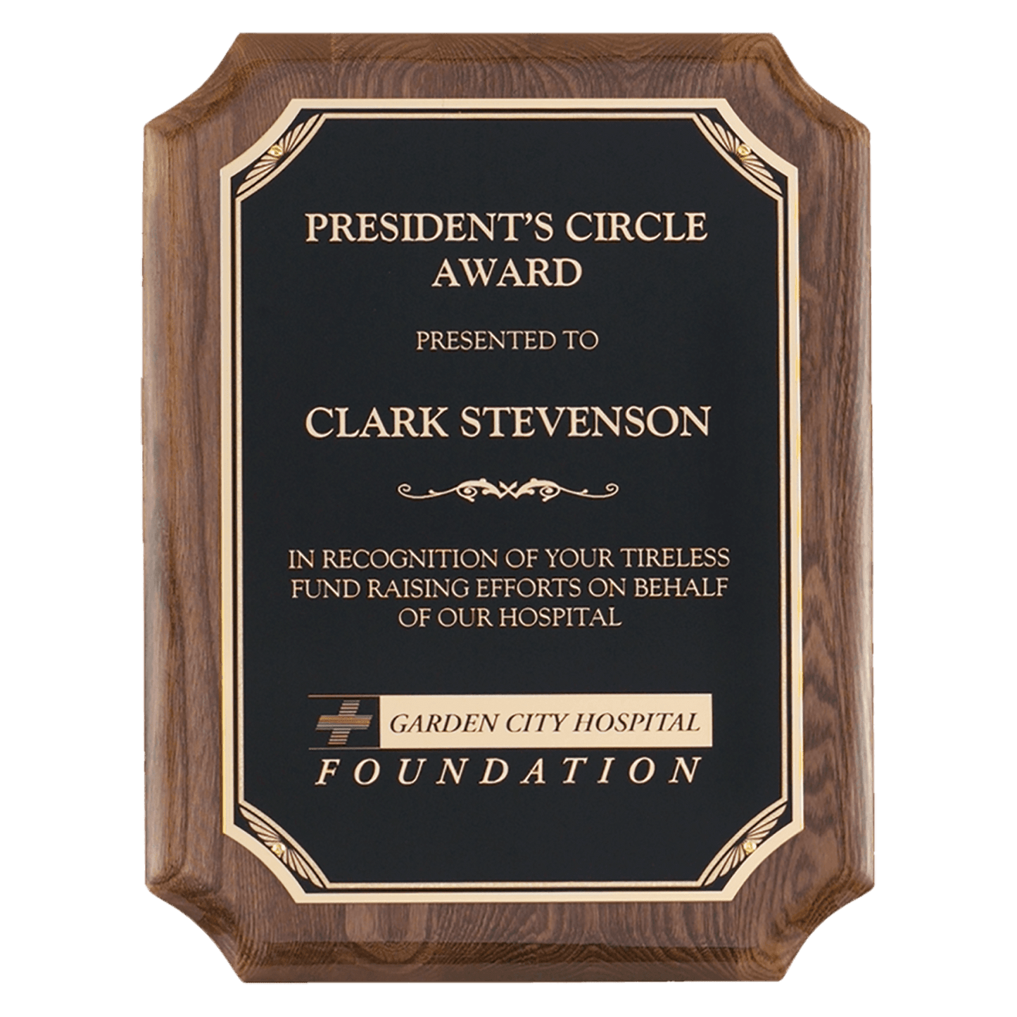 8" x 10" Airflyte Walnut Piano Finish Plaque with Gold Florentine Border