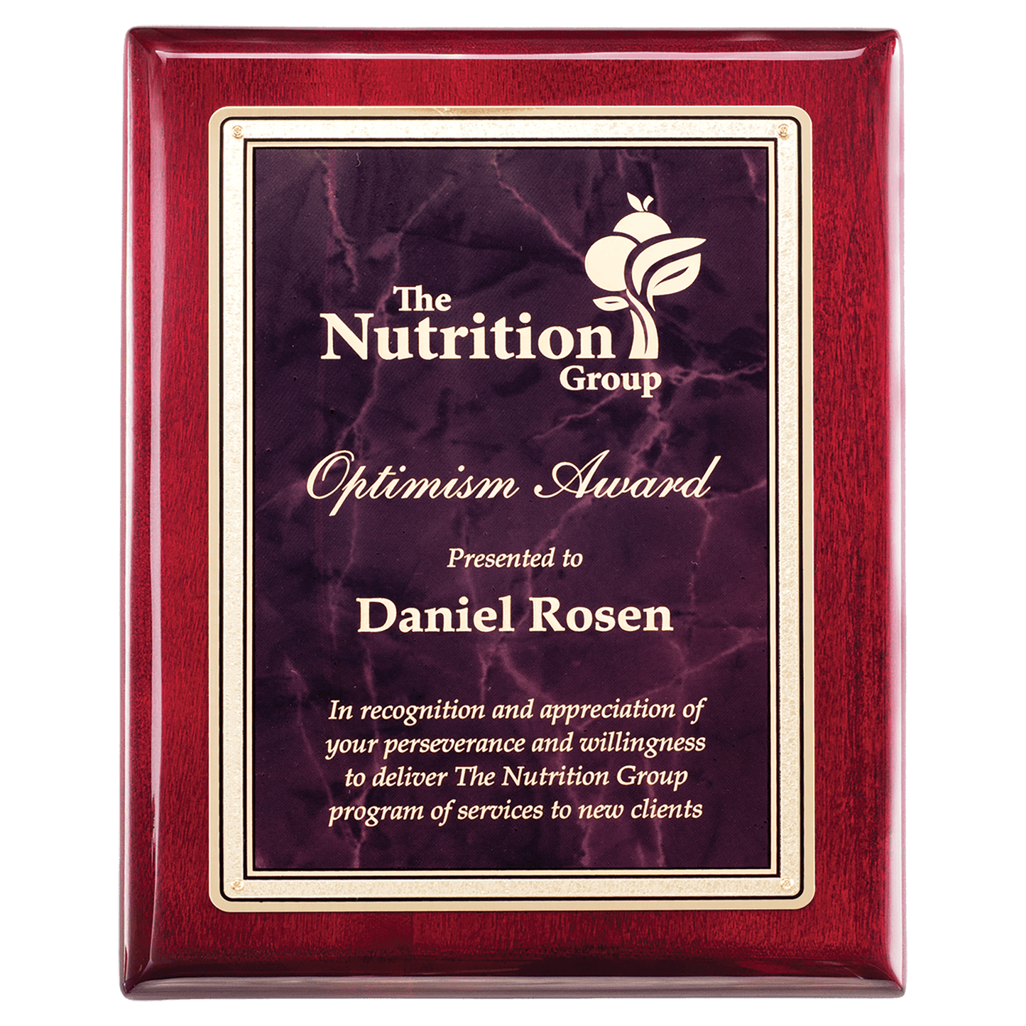 Florentine Rosewood Piano-Finish Plaque - Ruby Marble/Gold - laser-engraved award plaque
