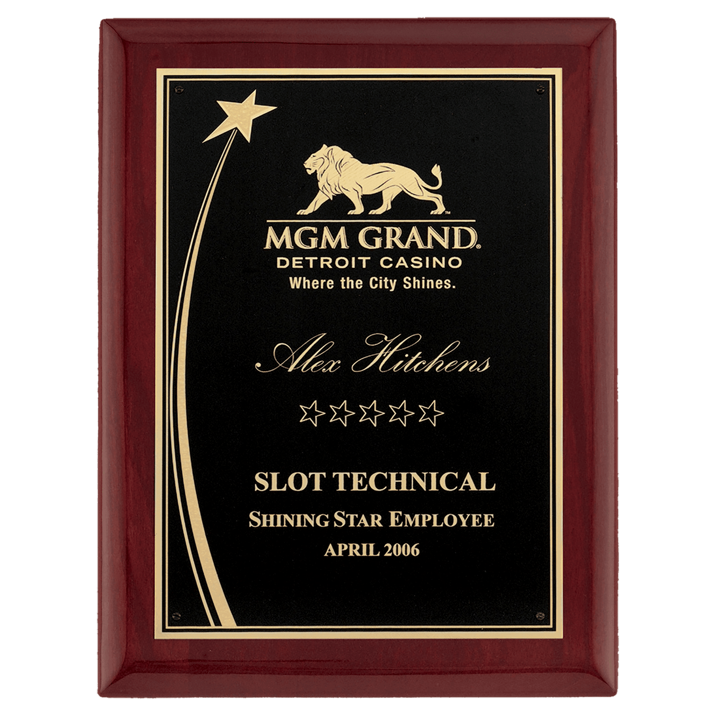 Rosewood piano-finish plaque with a shooting star accent plate