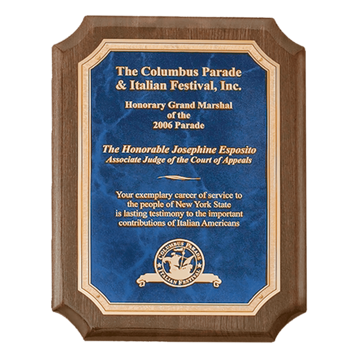 9" x 12" Airflyte Premium Walnut Piano Finish Plaque with Gold Florentine Border & Sapphire Marble