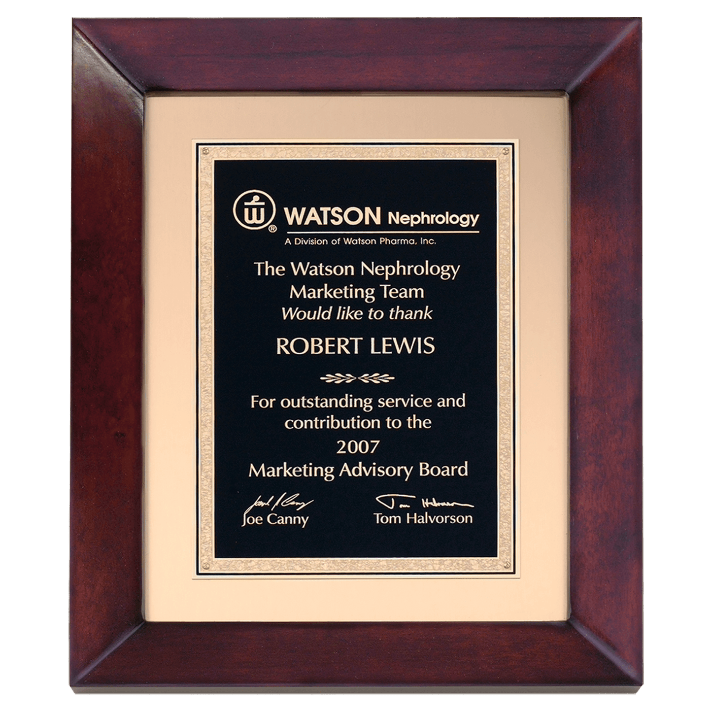Airflyte cherry finish frame with gold metal background and black and gold Florentine engravable plate, 12 by 15 inches