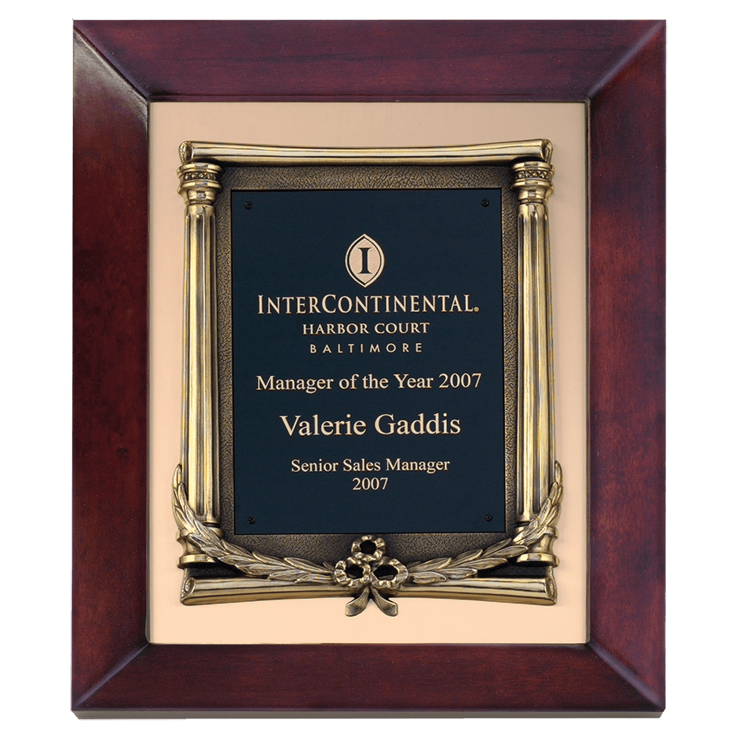 Airflyte cherry finish frame with antique bronze finished metal frame on brushed gold metal background, 12 by 15 inches