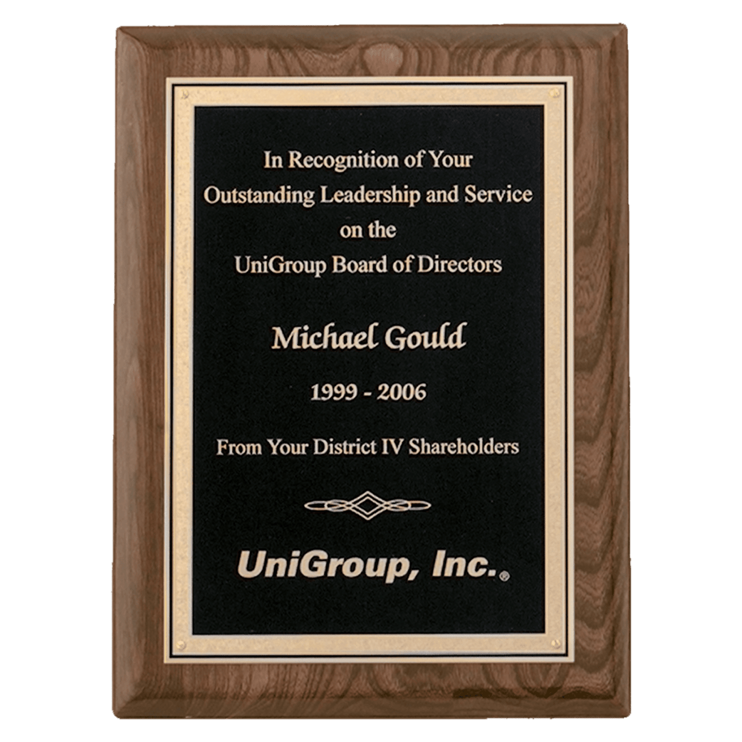 Airflyte 7" x 9" Walnut Piano Finish Plaque with Textured Black & Gold Florentine Border