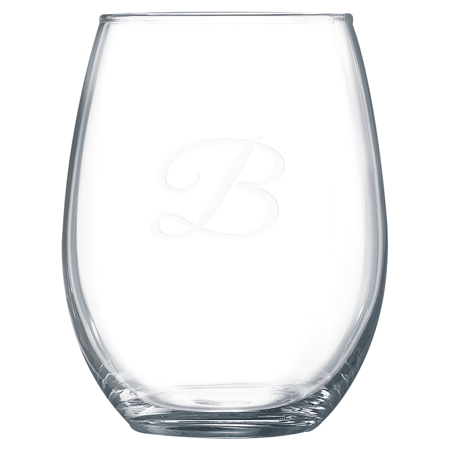 Clear 21 oz. oversized stemless wine glasses with a frosted etched design, shown as a matching set
