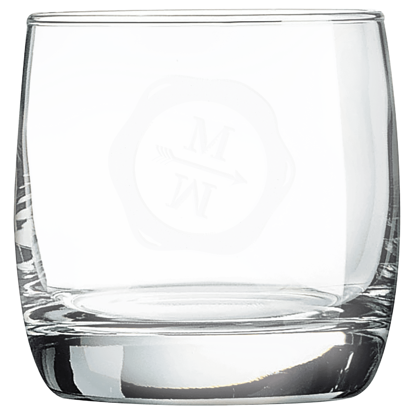 Clear 10 oz. round rocks glass with a heavy base and a frosted etched design on a light background