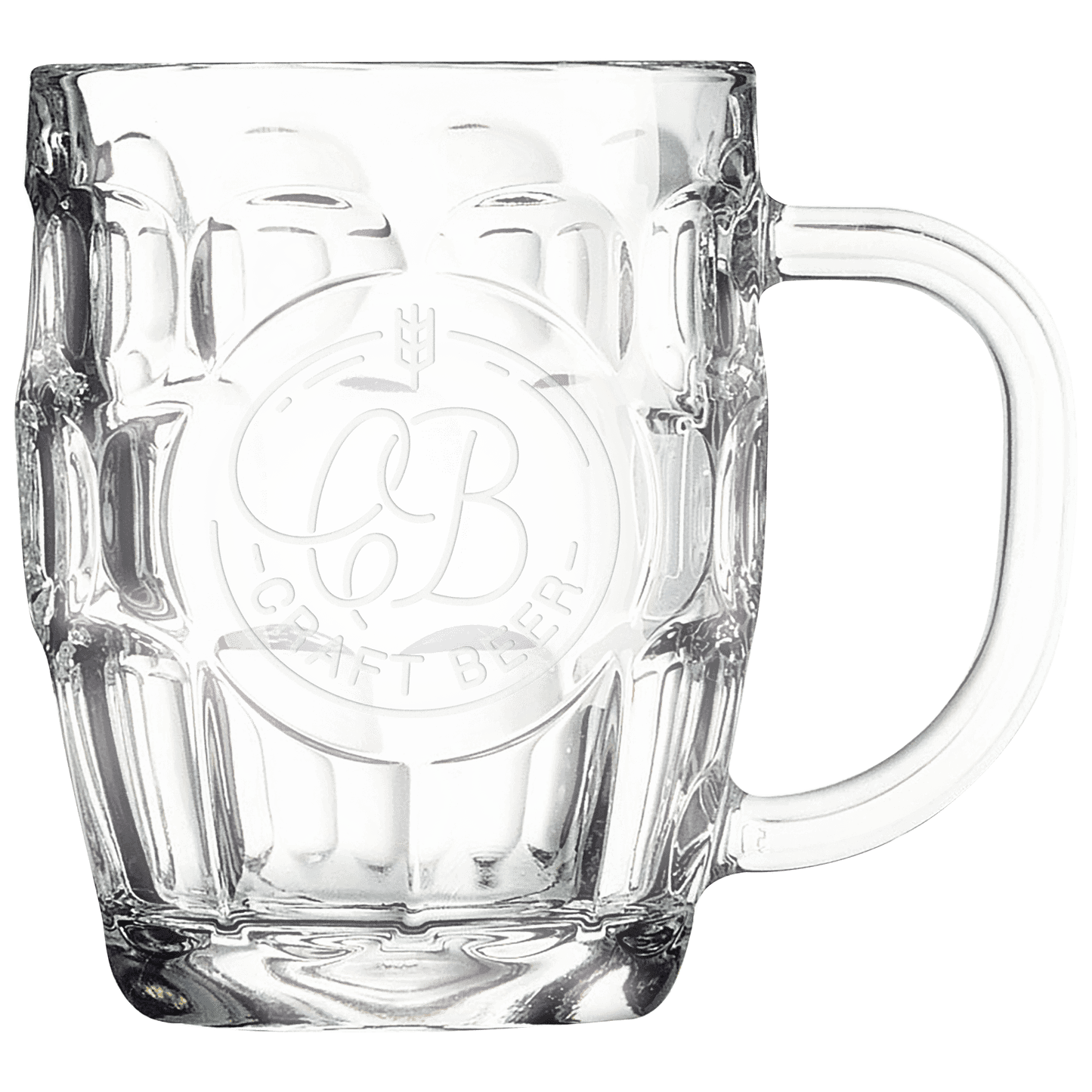 Clear 20 oz. glass beer mugs with handles and a smooth round etching panel, shown as a matching set