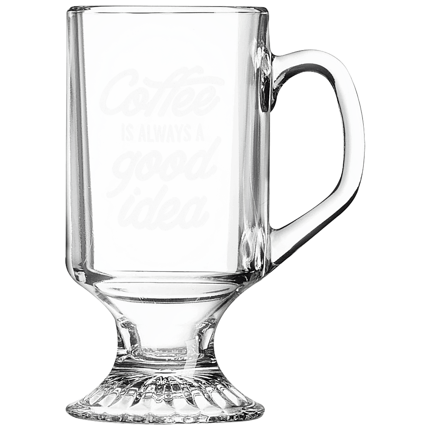 Clear 10 oz. footed glass coffee mugs with handles and a frosted etched design, shown as a matching set