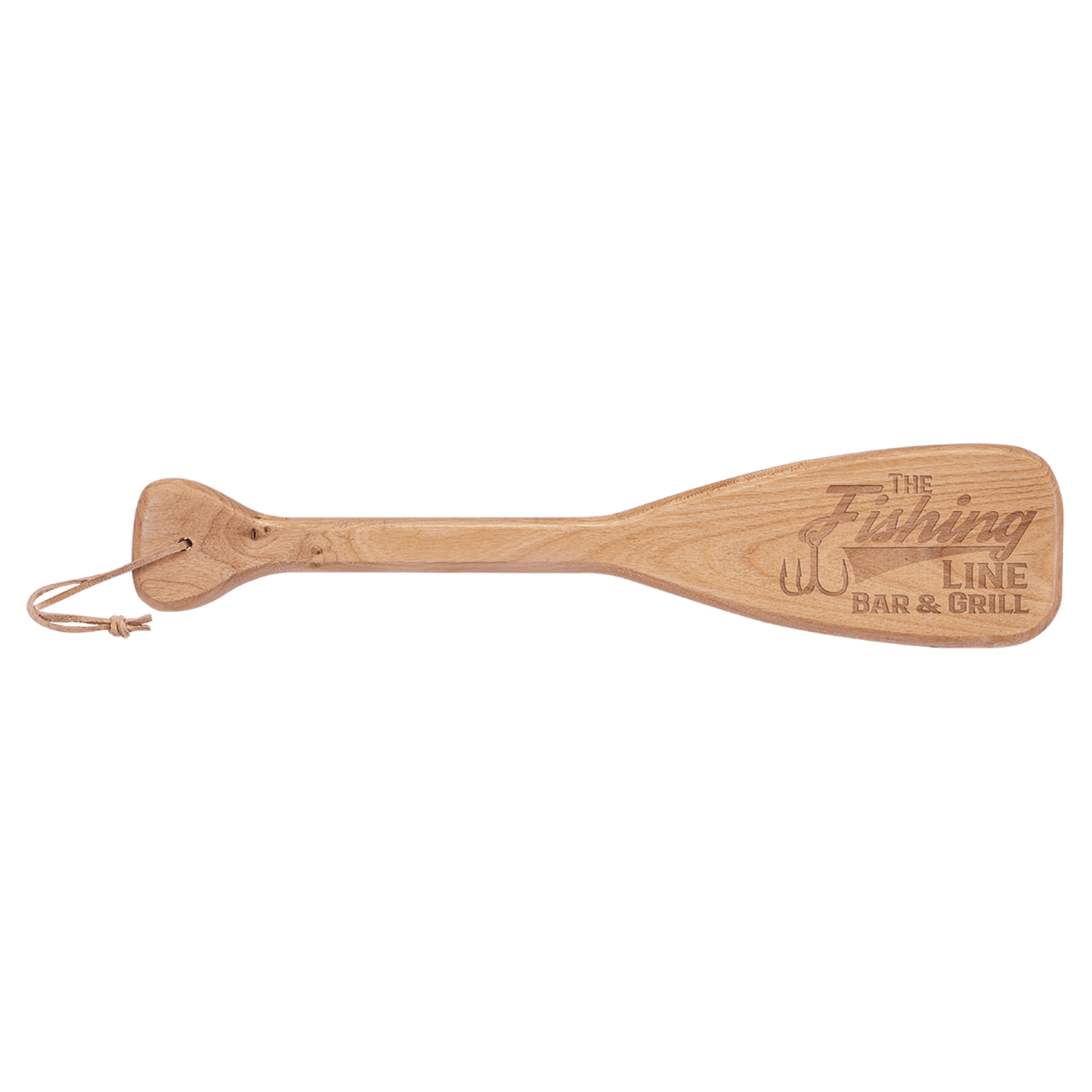 Wooden paddle with 'The Fishing Line Bar & Grill' engraving on a transparent background
