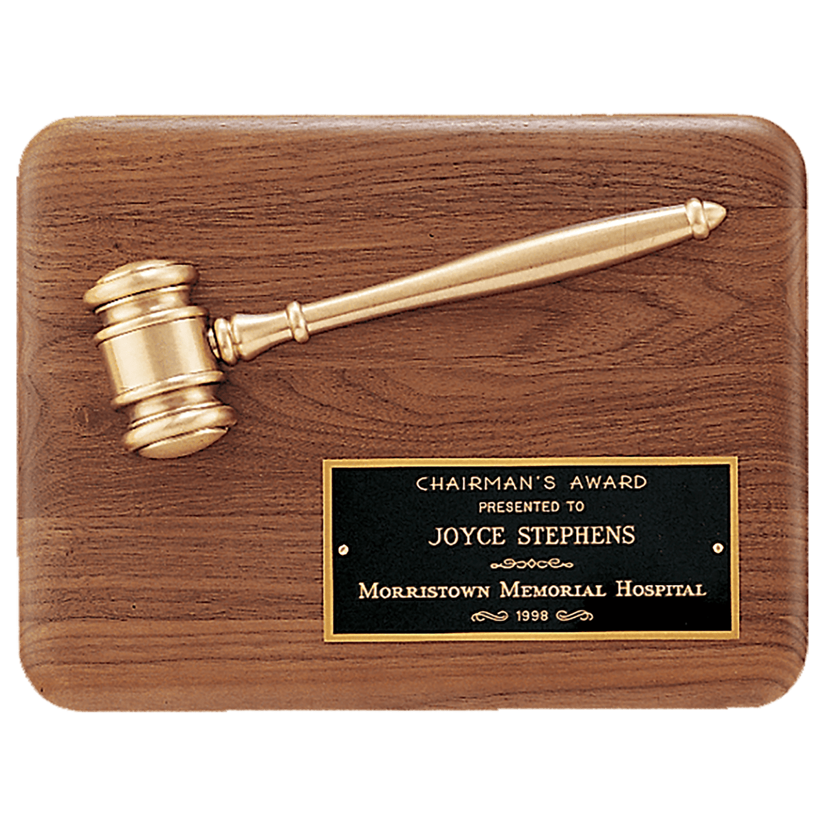 Walnut plaque with antique bronze metal gavel, 9 by 12 inches